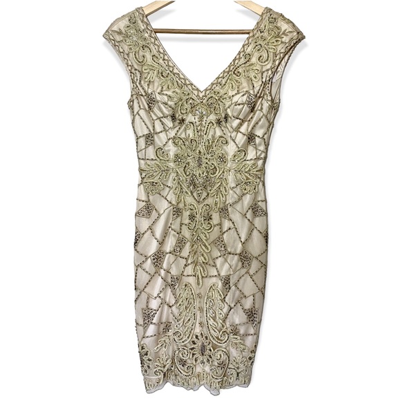 Robe Courte Sue Wong Art Déco Avec Perles - Taille 8 - Neuf Avec étiquettes - Ivoire